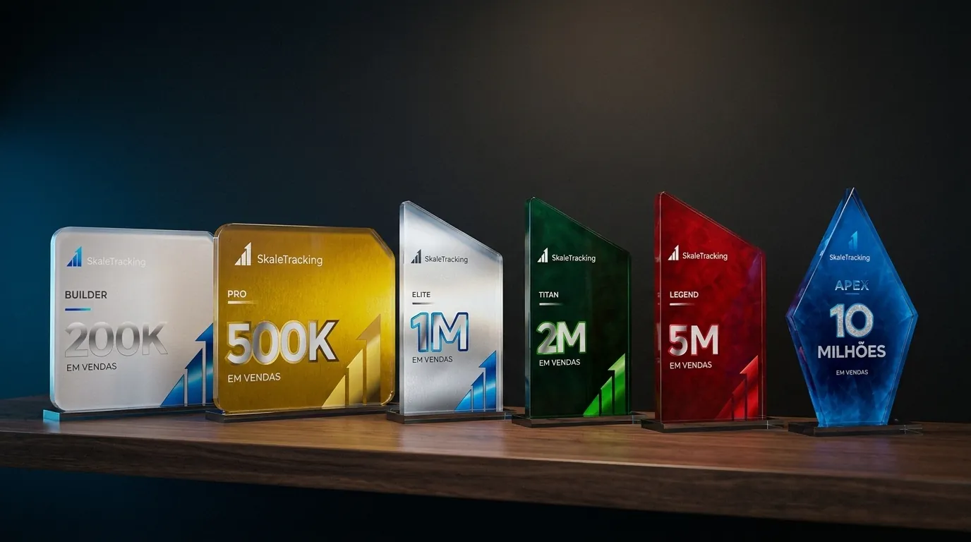 Os seis troféus SkaleTracking em acrílico lado a lado numa prateleira de madeira, do Builder 200K ao Apex 10 milhões